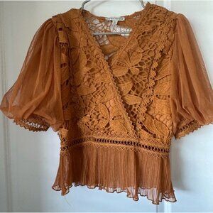 Haute Monde Womens Crochet Lace & Mesh Puff Sleeve Blouse M Rust Orange Polyeste